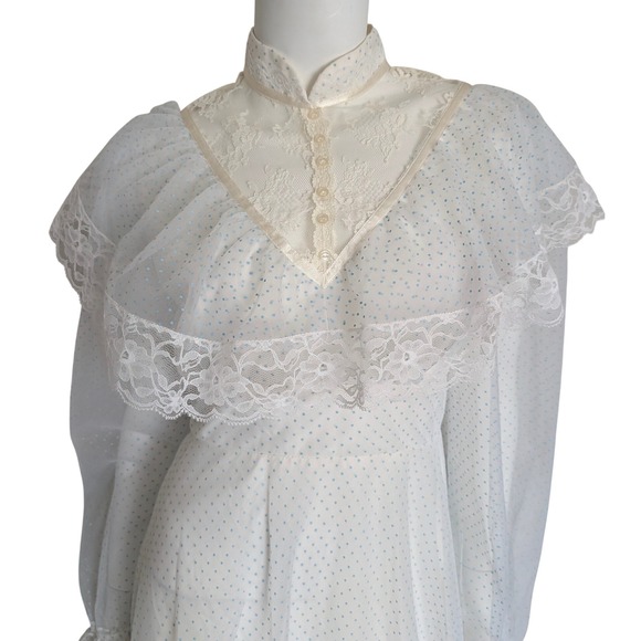 VTG 70s Tiered Prairie Dress Medium Lace Ruffle Long Sleeve Polka Dot Cottage - Picture 4 of 11
